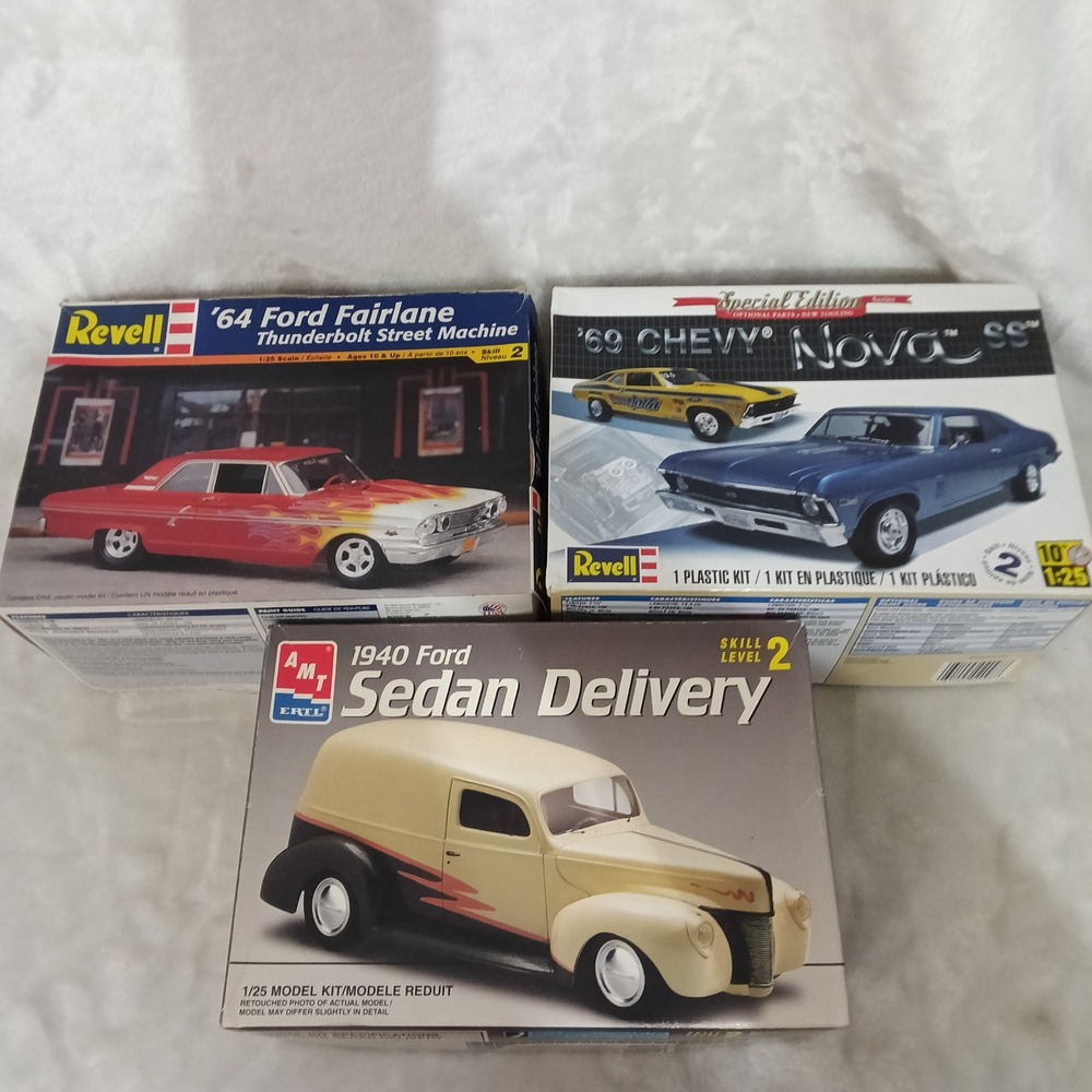 Lot 3 Model Car Kits Revell 64 Ford Fairlane 69 Chevy Nova AMT 1940 Ford 1/25